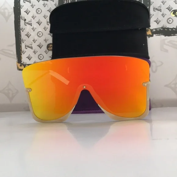 Gucci GG0540S 004 Beige Oversized Shield Sunglasses Orange Mirror - Picture 11 of 14